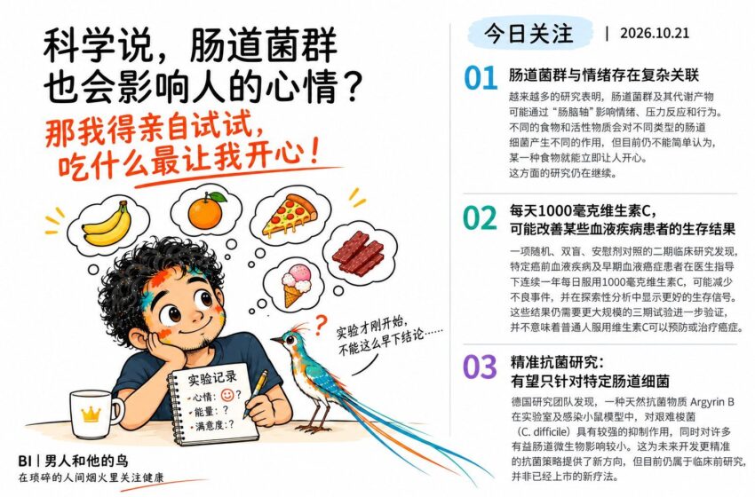  今日健康科学关注：肠道菌群与情绪、维生素C与血液疾病研究、精准抗菌新方向