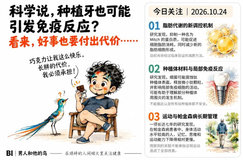  今日健康科学关注：脂肪代谢新机制、种植牙与免疫反应、运动与帕金森管理