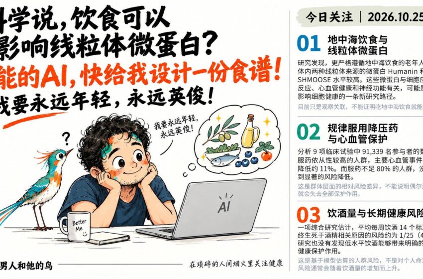  今日健康科学关注：地中海饮食与线粒体微蛋白、降压药依从性与心血管保护、饮酒与长期健康风险