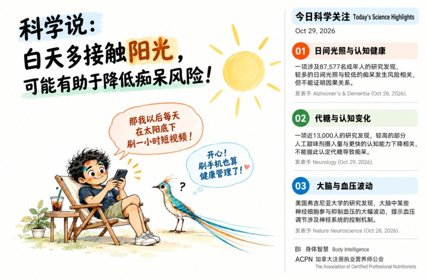  今日科学关注：日间光照与痴呆风险、代糖与认知下降、大脑与血压稳定